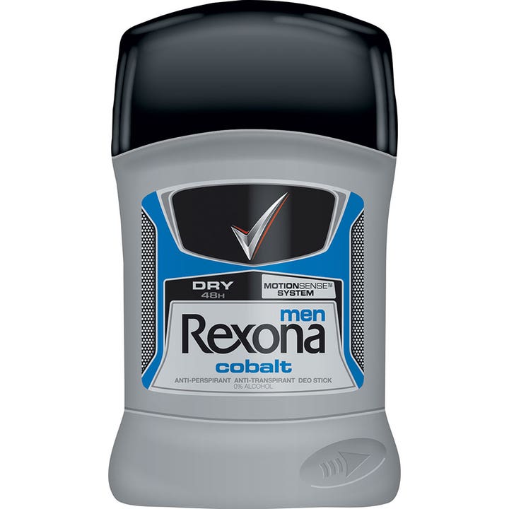 Rexona Men Cobalt deo stick gir 48 timers beskyttelse mot svette i en grå beholder med sort kork og blå detaljer
