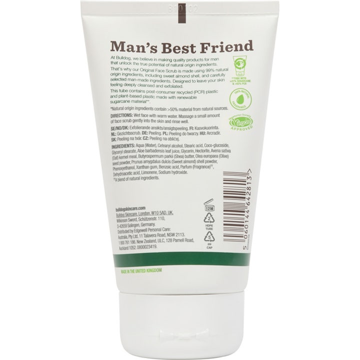 Bulldog Original Face Scrub 125 ml dyprensende peeling baksiden av hvit tube med ingrediensliste og vegansk logo