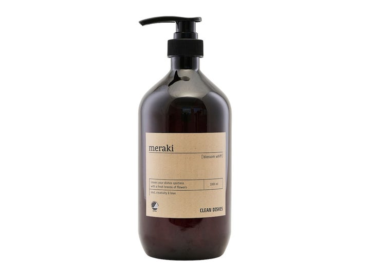 Meraki Blossom Whiff 1000 ml oppvaskmiddel gir skinnende ren oppvask i mørk brun flaske med svart pumpe og beige etikett