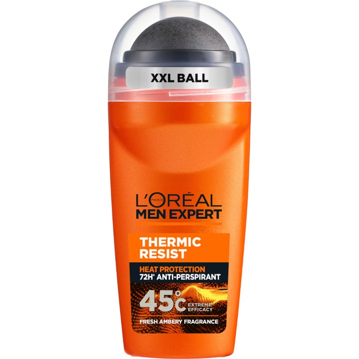 L'Oréal Men Expert Thermic Resist 50ml roll-on gir 48 timers beskyttelse i en oransje beholder med svart kule og klart lokk.