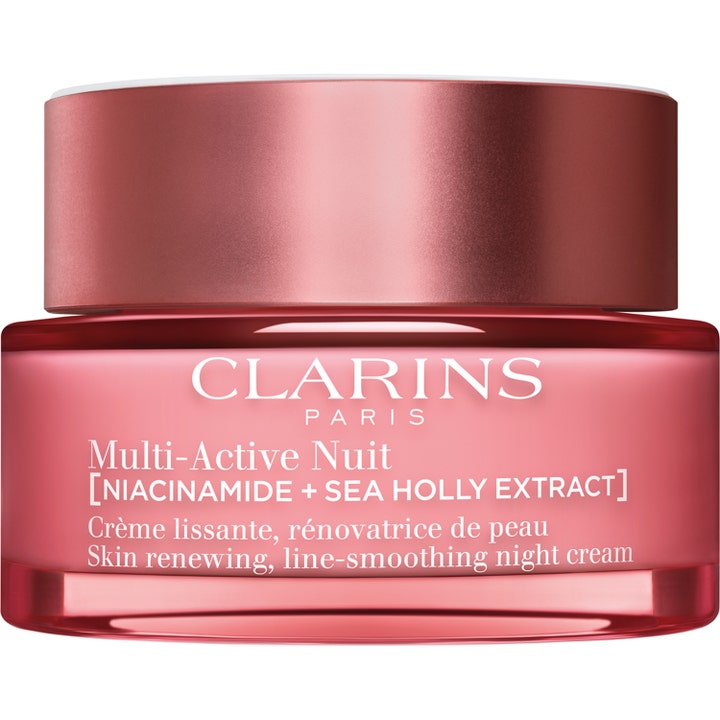 Clarins Multi-Active Nuit 50 ml nattkrem som glatter ut linjer i rosa glasskrukke med metallisk lokk