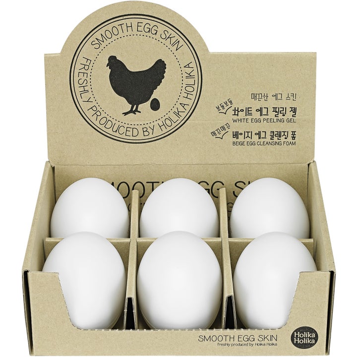 Holika Holika Smooth Egg Skin Peeling Gel 140 ml eksfolierende ansiktsskrubb i seks hvite eggformede beholdere i eske