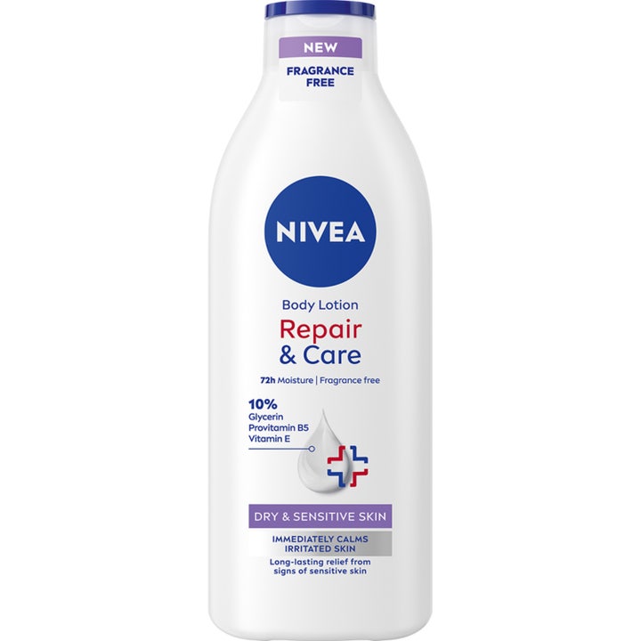 Nivea Repair & Care Body Lotion fuktighetskrem for tørr hud i hvit plastflaske med blått lokk.