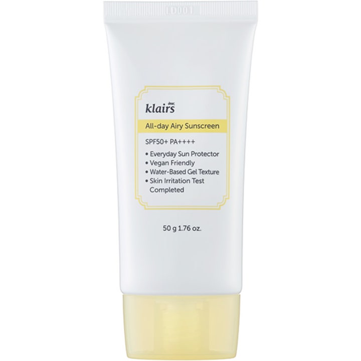 Klairs All-day Airy Sunscreen 50 g beskyttende solkrem i hvit tube med gul etikett og gult lokk