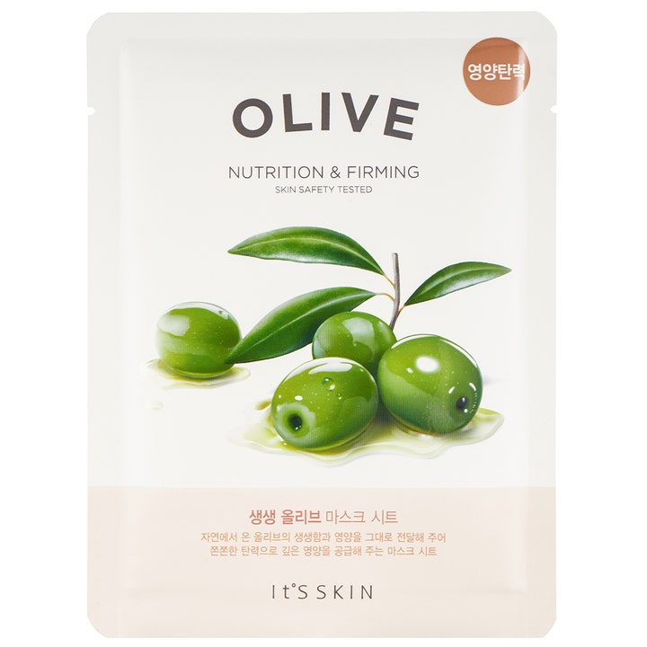 It'S SKIN Olive Nutrition & Firming Sheet Mask 1 stk gir næring i hvit forpakning med bilde av grønne oliven.