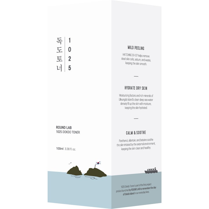 Round Lab 1025 Dokdo Toner 100 ml fuktighetsgivende toner i hvit eske som gir mild peeling og roer ned huden.