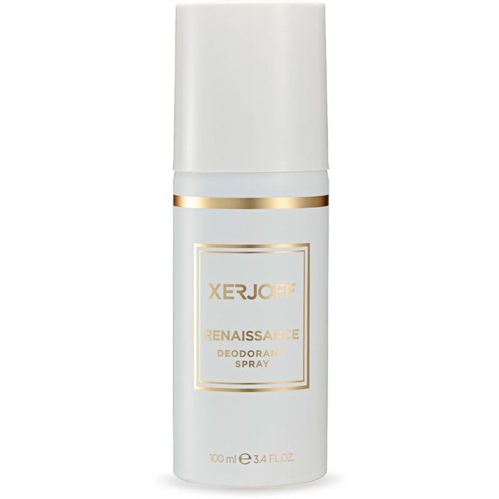 Xerjoff Renaissance Deodorant Spray 100 ml forfriskende deodorant i hvit sylindrisk flaske med elegante gulldetaljer.