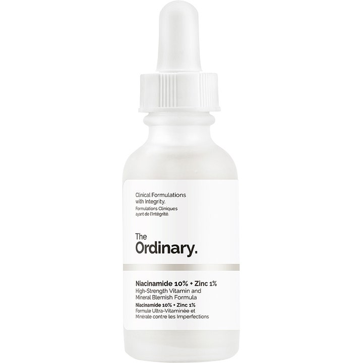 The Ordinary Niacinamide 10% + Zinc 1% 30ml ansiktsserum som reduserer urenheter i en frostet glassflaske med hvit pipette