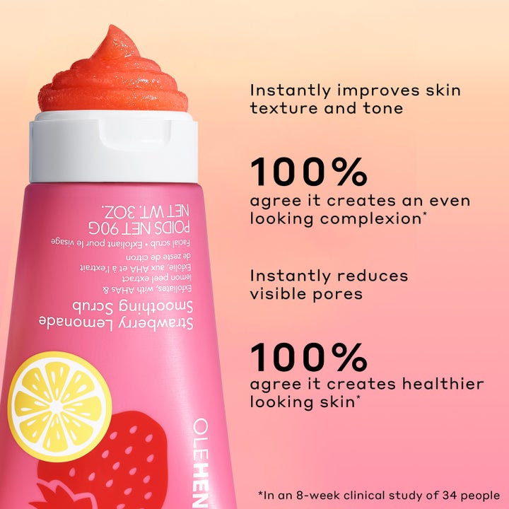 Ole Henriksen Strawberry Smoothing Scrub 90 ml ansiktsskrubb med rød tekstur og tekst om jevnere hudtone