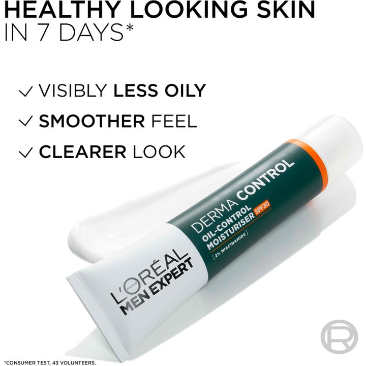 L'Oréal Paris Men Expert Derma Control 40 ml fuktighetskrem med SPF30 og niacinamid ved siden av hvit kremtekstur.