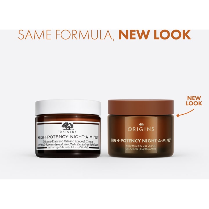 Origins High-Potency Night-A-Mins 50 ml ansiktskrem viser ny design med brunt lokk og krukke ved siden av gammel look.