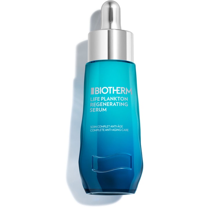 Biotherm Life Plankton Regenerating Serum 50 ml i blå glassflaske med sølvfarget pipette som gir huden ny glød