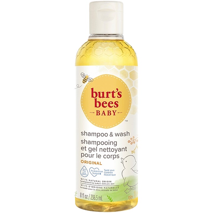 Burt's Bees Baby Shampoo & Wash 236,5 ml tårefri rengjøring i gjennomsiktig flaske med gul væske og hvitt flipplokk