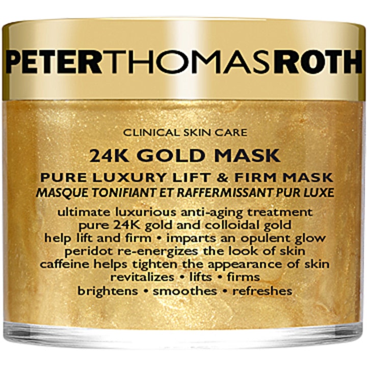 Peter Thomas Roth 24K Gold Mask oppstrammende ansiktsmaske gir glød med skimrende gulltekstur i krukke med metallisk gulllokk.