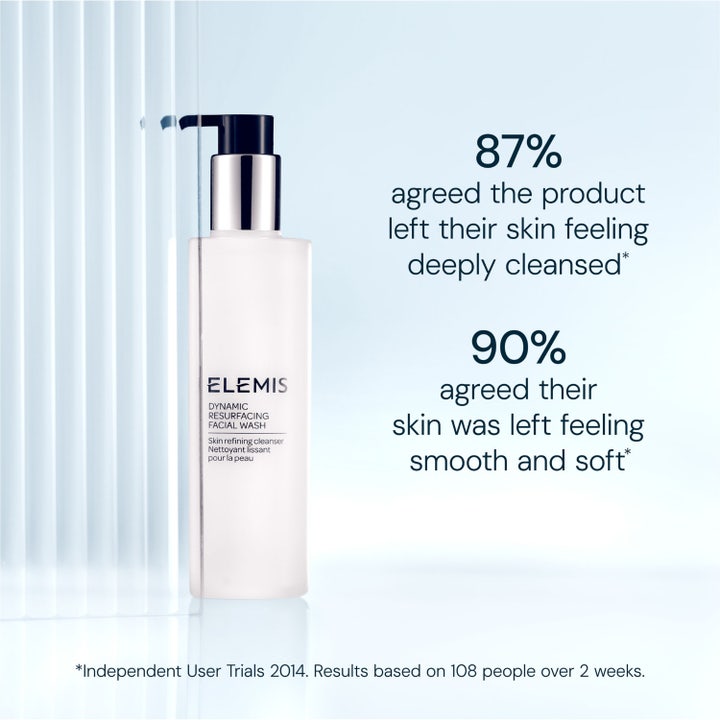 Elemis Dynamic Resurfacing Facial Wash 200 ml ansiktsrens for dyprens og myk hud i hvit pumpeflaske med testresultater