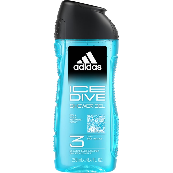 Adidas Ice Dive 250 ml 3-i-1 dusjgelé gir en forfriskende følelse i en blå gjennomsiktig flaske med svart kork