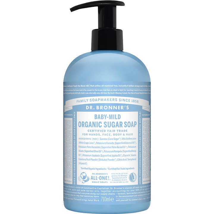 Dr. Bronner's Baby-Mild Organic Sugar Soap 710ml skånsom økologisk såpe i lyseblå plastflaske med sort pumpe.