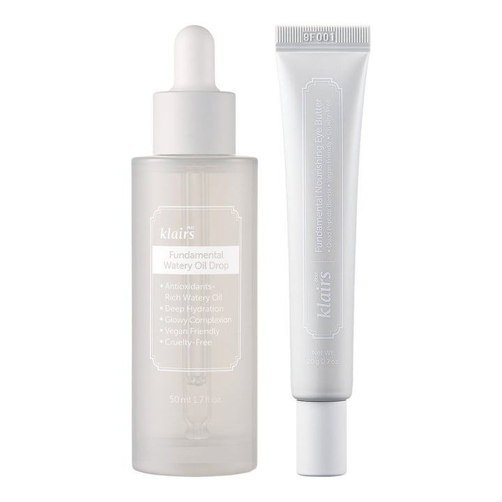 Klairs Fundamental Watery Oil Drop 50ml og Eye Butter 20g fuktighetsgivende duo i frostet glassflaske og hvit tube.