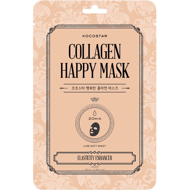 Kocostar Collagen Happy Mask 25 ml ansiktsmaske som gir elastisitet i ferskenfarget pakke med barokkmønster