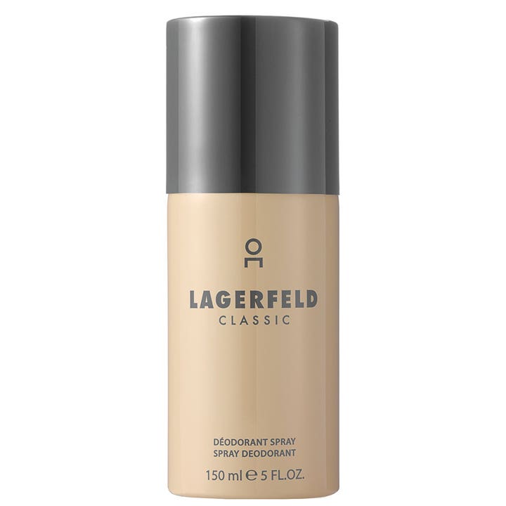 Lagerfeld Classic 150 ml deospray gir en tidløs duft i en stilren beige flaske med mørkegrå kork