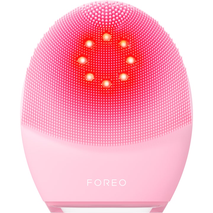 Foreo Luna 4 Plus ansiktsbørste for dyprens og glød i rosa silikon med rødt LED-lys