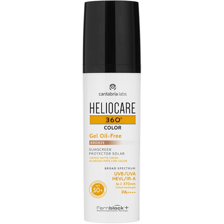 Heliocare 360 Color Gel Oil-Free Bronze SPF 50 farget solkrem som gir matt finish i hvit flaske med sort kork