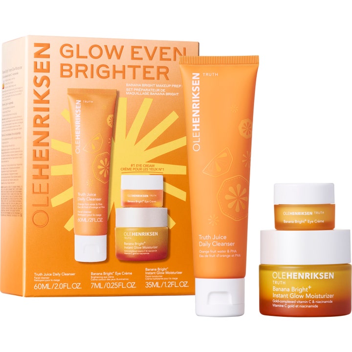 Ole Henriksen Glow Even Brighter sett 3 stk gir glødende hud med vitamin C i oransje tuber og krukker