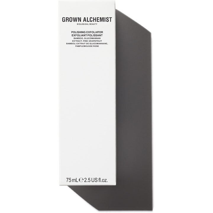 Grown Alchemist Polishing Facial Exfoliant 75 ml eksfolierende ansiktspeeling i hvit eske med svart tekst