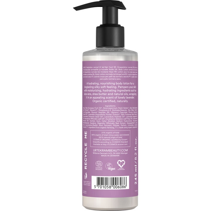 Urtekram Body Lotion Soothing Lavender 245 ml beroligende kroppspleie viser baksiden med ingredienser og svart pumpe.