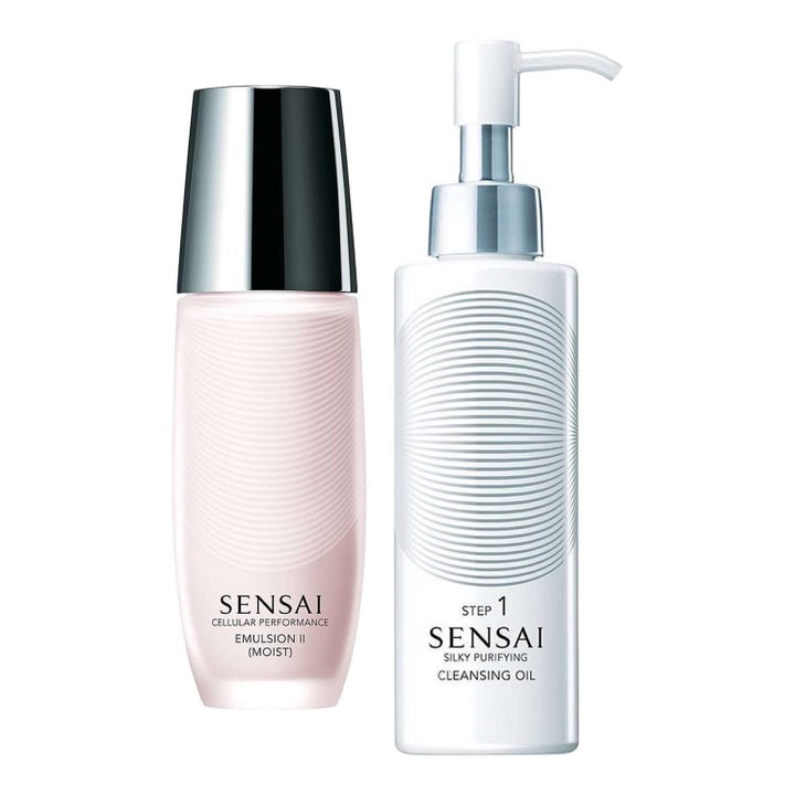 Sensai Cellular Performance Emulsion II og Cleansing Oil fuktighetsgivende hudpleie i rosa flaske og hvit pumpe