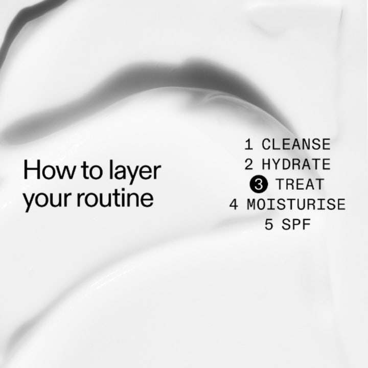 The INKEY List 360 Skin Clearing Serum 30 ml hudforbedrende serum over hvit tekstur med guide til steg tre i en hudpleierutine