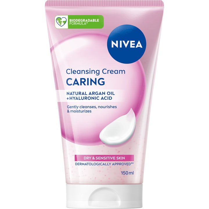 Nivea Caring Cleansing Cream 150 ml pleiende ansiktsrens for tørr hud i rosa tube med hvit kremtekstur