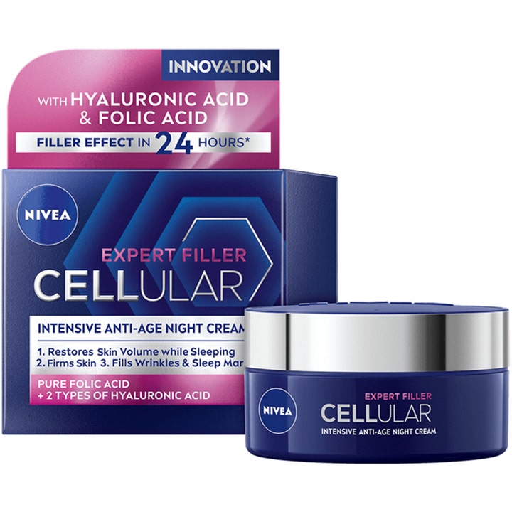 NIVEA Cellular Expert Filler 50 ml nattkrem i mørkeblå krukke med sølvlokk og matchende eske