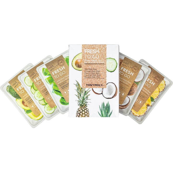 Tonymoly Fresh To Go Sheet Mask Set 5 stk pleiende sheetmasker i hvit eske med fargerike poser med frukt