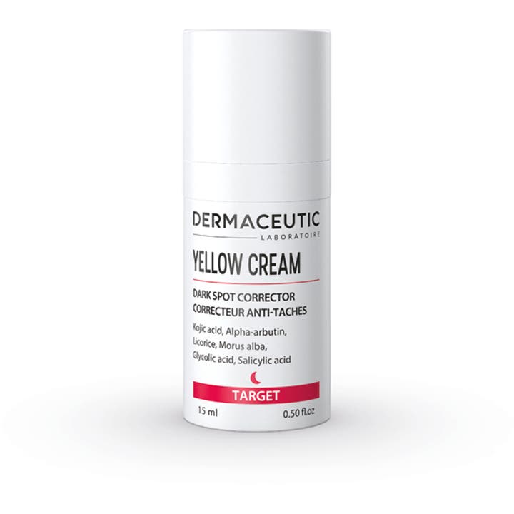 Dermaceutic Yellow Cream 15 ml korrigerende krem mot pigmentflekker i hvit sylindrisk tube med hvit kork