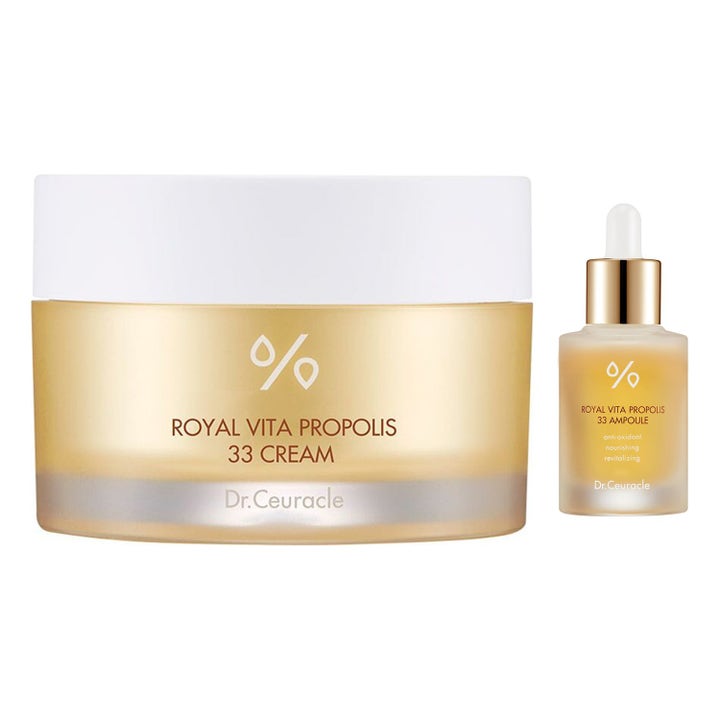 Dr. Ceuracle Royal Vita Propolis 33 Cream og Ampoule gir glød i gullfarget krukke og glassflaske med hvit pipette.