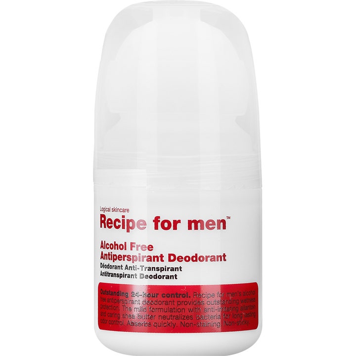 Recipe for men Alcohol Free Antiperspirant Deodorant med sheasmør i hvit roll-on-flaske med gjennomsiktig kork