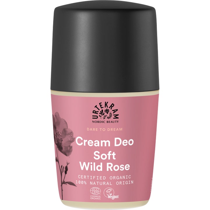 Urtekram Soft Wild Rose Cream Deo økologisk kremdeodorant i hylse med rosa etikett, roseillustrasjon og svart lokk