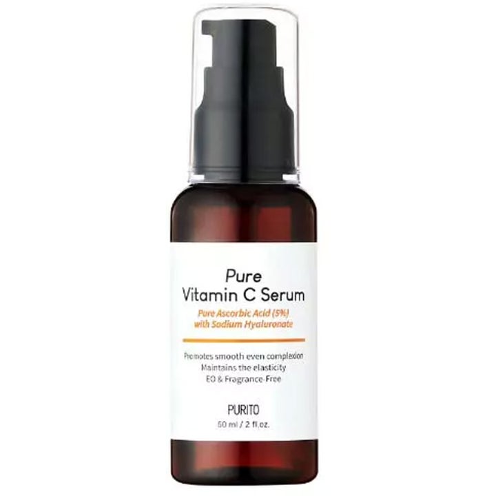 Purito Pure Vitamin C Serum 60 ml glødgivende ansiktsserum i mørk glassflaske med svart pumpe og hvit etikett