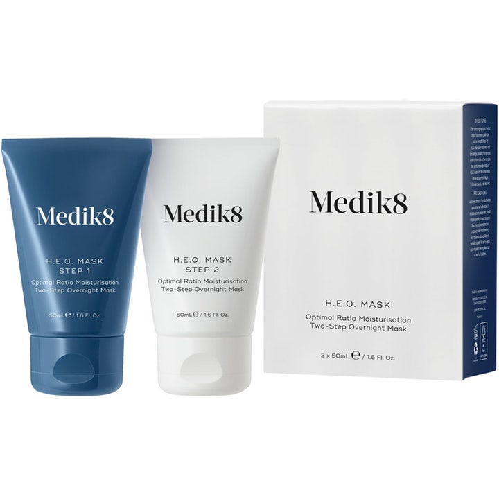 Medik8 H.E.O. Mask 2x50ml fuktighetsgivende nattmaske i blå og hvit tube med hvit ytteremballasje