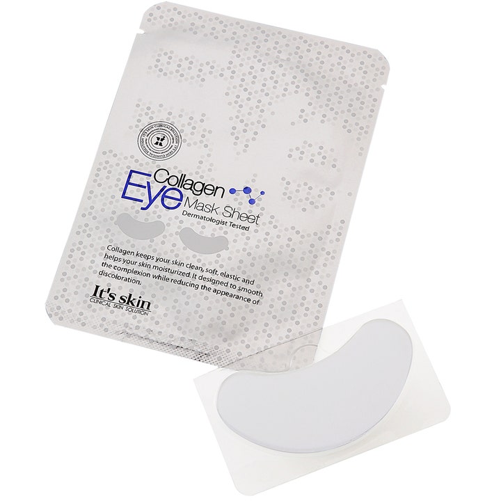 It'S SKIN Collagen Eye Mask Sheet 3 g fuktighetsgivende øyemaske i hvit mønstret pose med en løs hvit patch