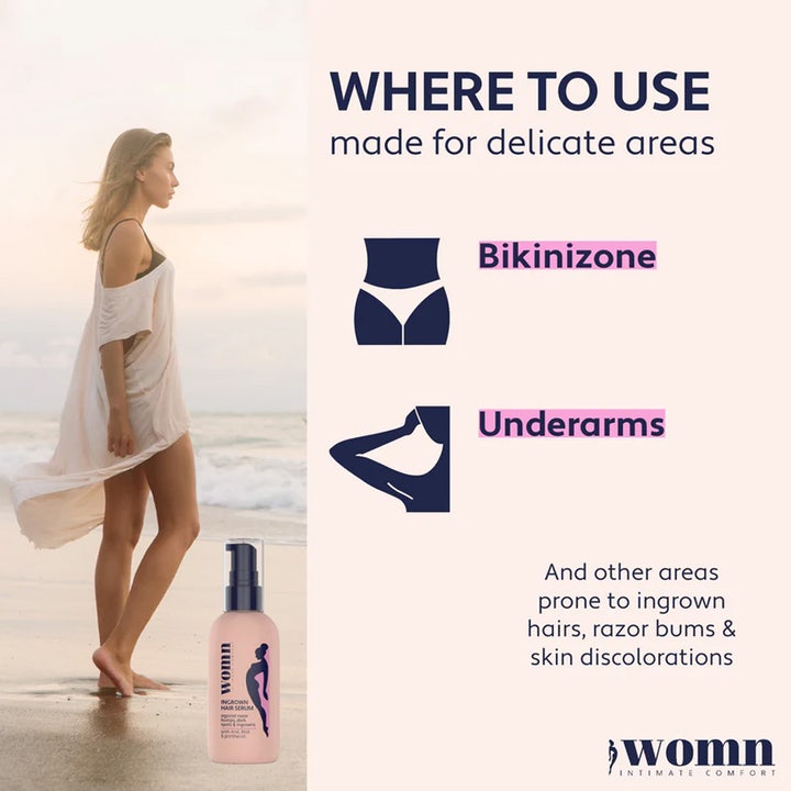Womn Ingrown Hair Serum 50 ml intimpleie mot inngrodde hår viser bruk på bikinilinje og under armer ved stranden