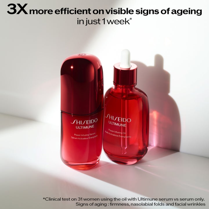 Shiseido Ultimune Power Infusing Oil 75 ml ansiktsolje og serum i røde glassflasker mot aldringstegn