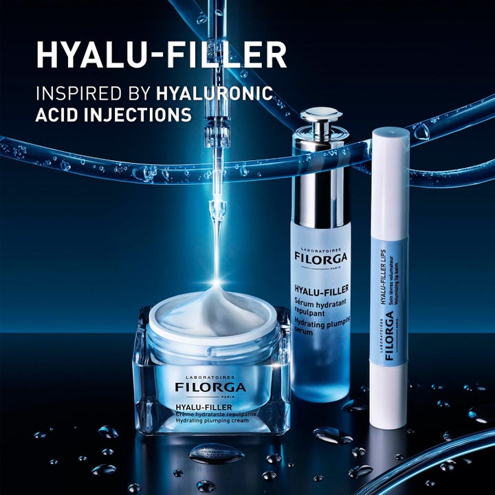 Filorga Hyalu-Filler Serum 30 ml fuktighetsgivende hudpleie i blå glassflaske med krem og leppepomade