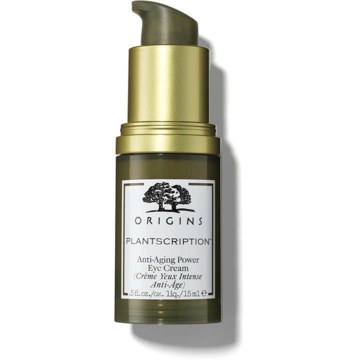 Origins Plantscription Anti-Aging Power Eye Cream 15 ml i mørkegrønn pumpeflaske med gulldetaljer.