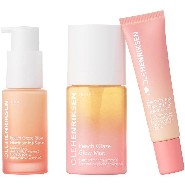 Ole Henriksen Truth Le Peach Petite Set 77 ml hudpleiesett for glød med serum, mist og leppepleie i ferskenfarget design