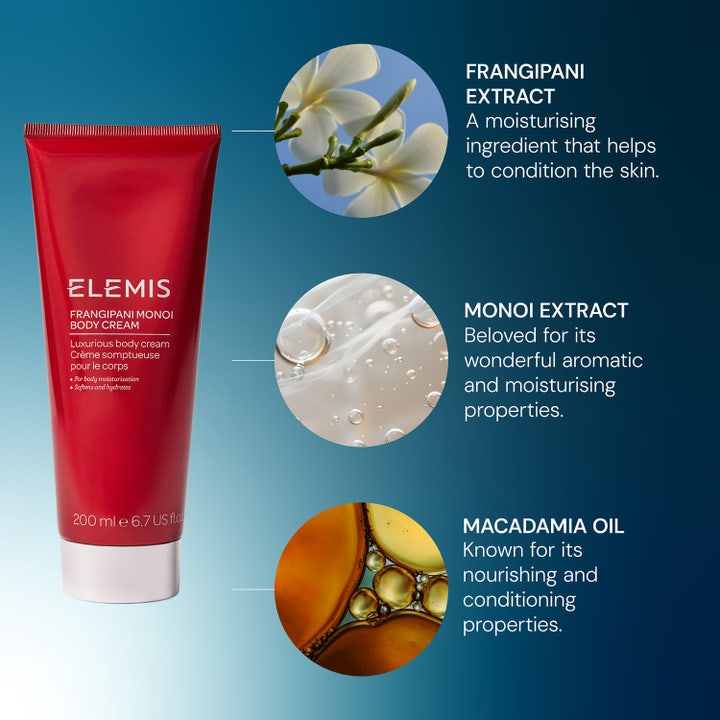 Elemis Frangipani Monoi Body Cream 200 ml fuktighetsgivende kroppskrem i rød tube med fokus på pleiende oljer