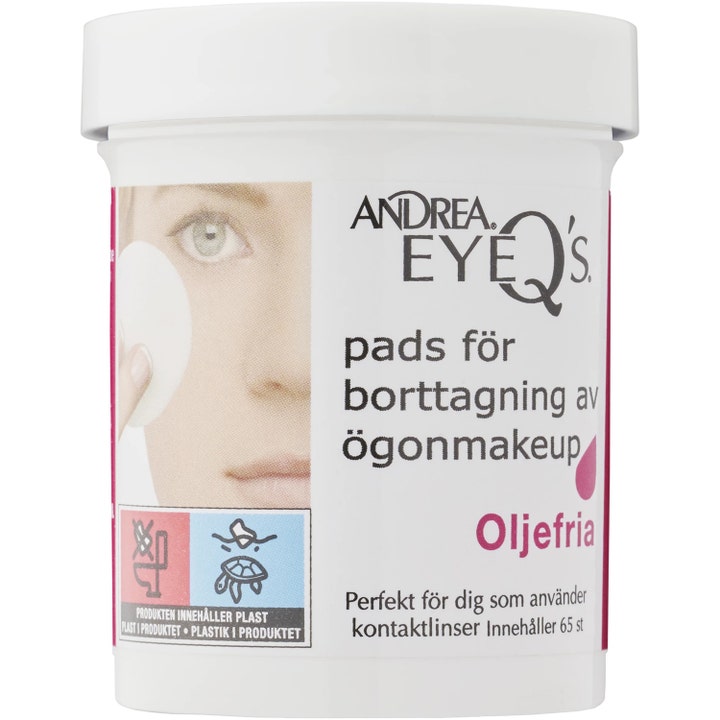 Andrea EyeQ's oljefrie pads 65 stk for skånsom fjerning av øyesminke i hvit plastbeholder med rosa detaljer