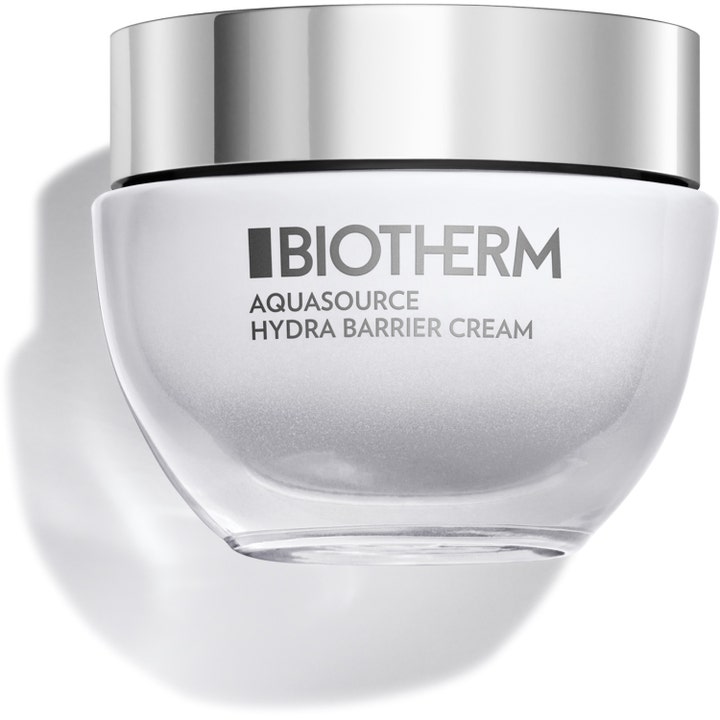 Biotherm Aquasource Hydra Barrier Cream 50ml fuktighetsgivende ansiktskrem som styrker huden i hvit glasskrukke med sølvlokk