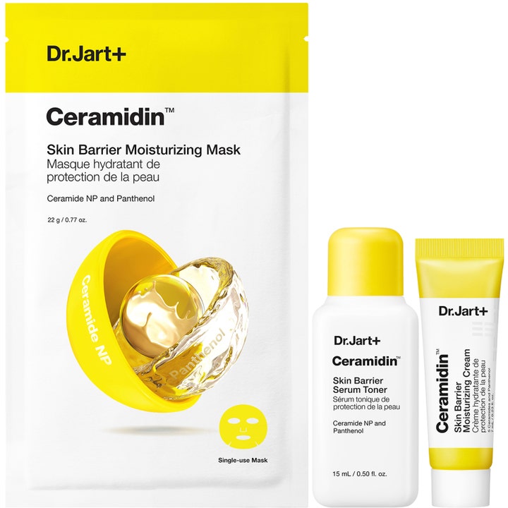 Dr.Jart+ Ceramidin Hello Moisture Travel Set 22 ml fuktgivende hudpleiesett med arkmaske, toner og krem med ceramider.